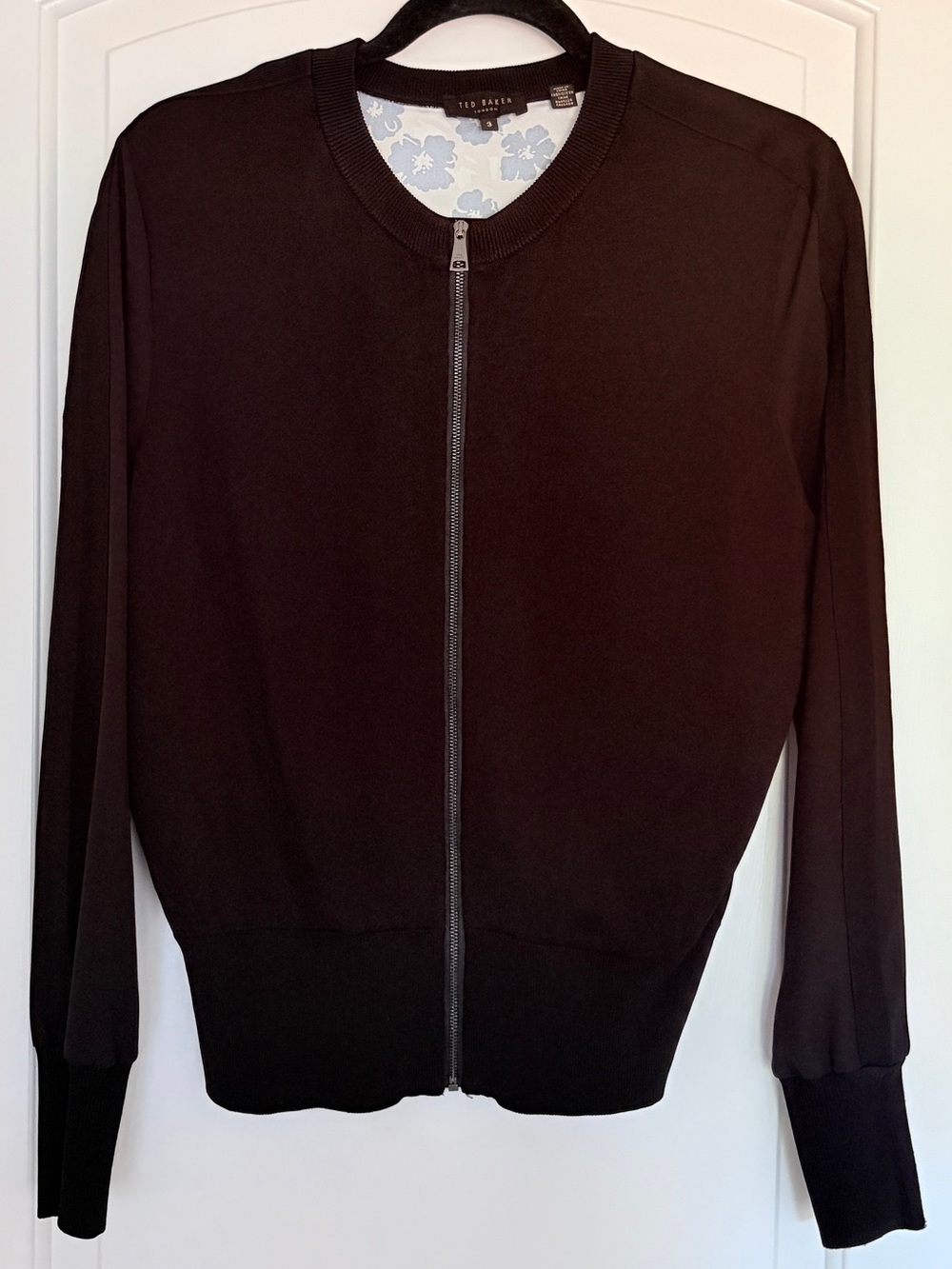 Ted Baker London Women’s Black Floral Zip-Front Knit Bomber Cardigan Medium